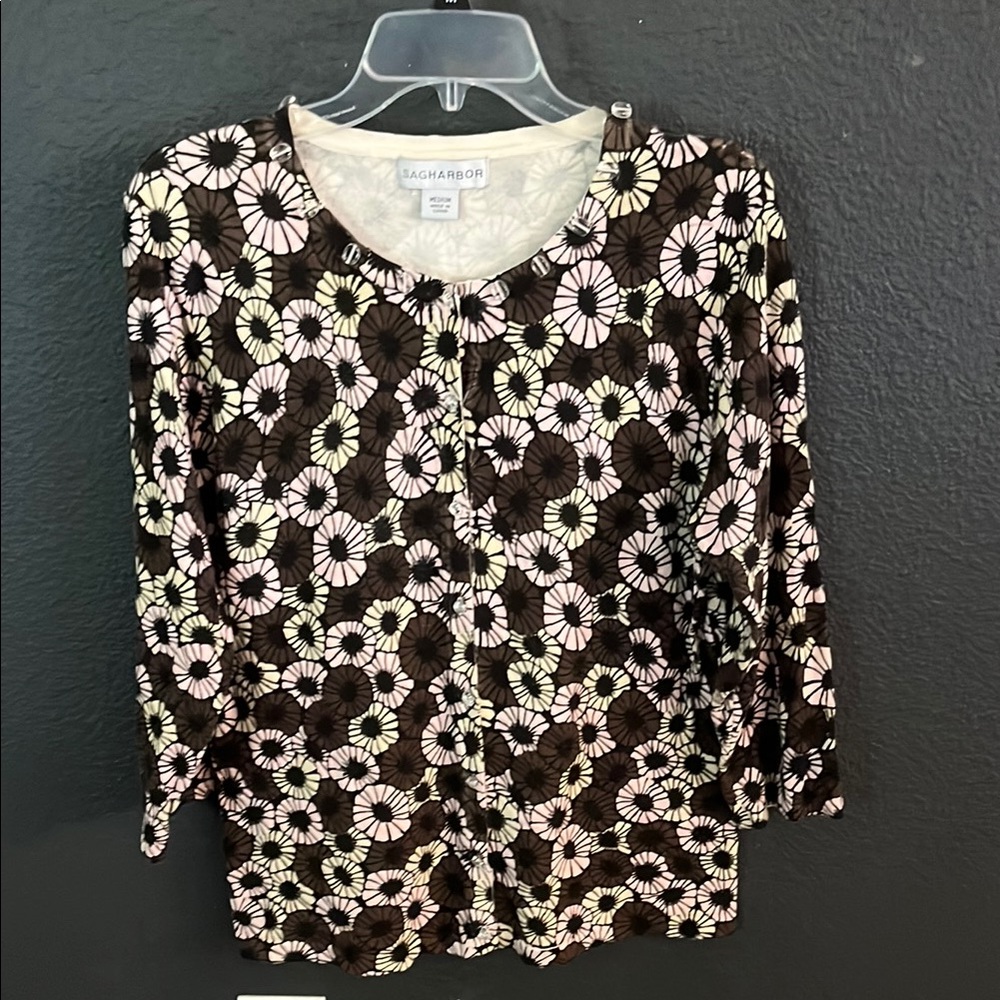 Women’s Sag Harbor Brown and White Buttoned Blouse 3/4 Sleeve